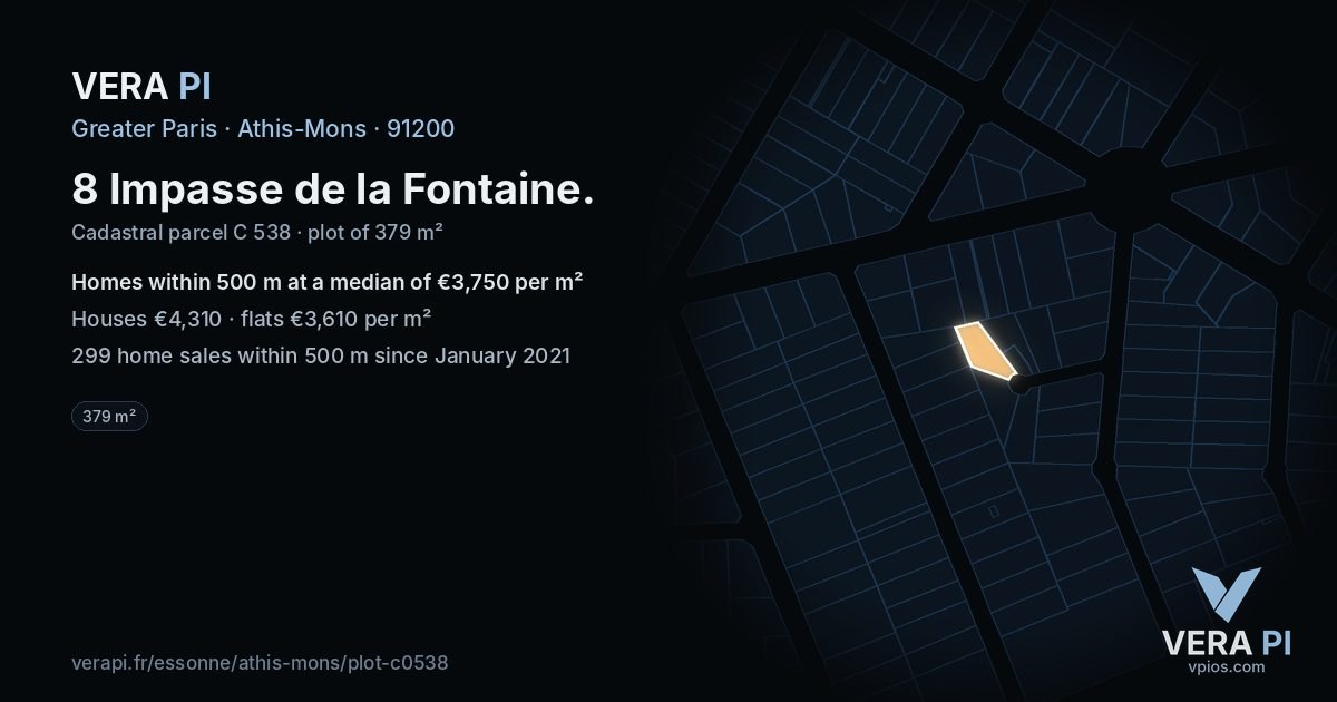 8 Impasse de la Fontaine, Athis-Mons at night – the plot lit, the parcels around coloured by the prices near them