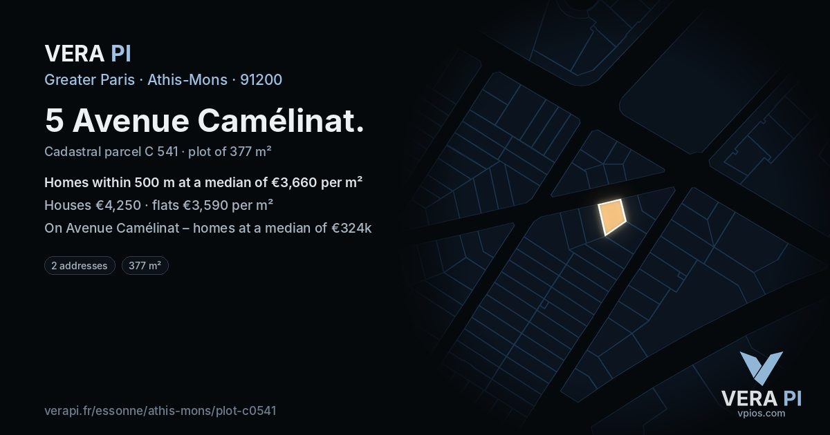 5 Avenue Camélinat, Athis-Mons at night – the plot lit, the parcels around coloured by the prices near them