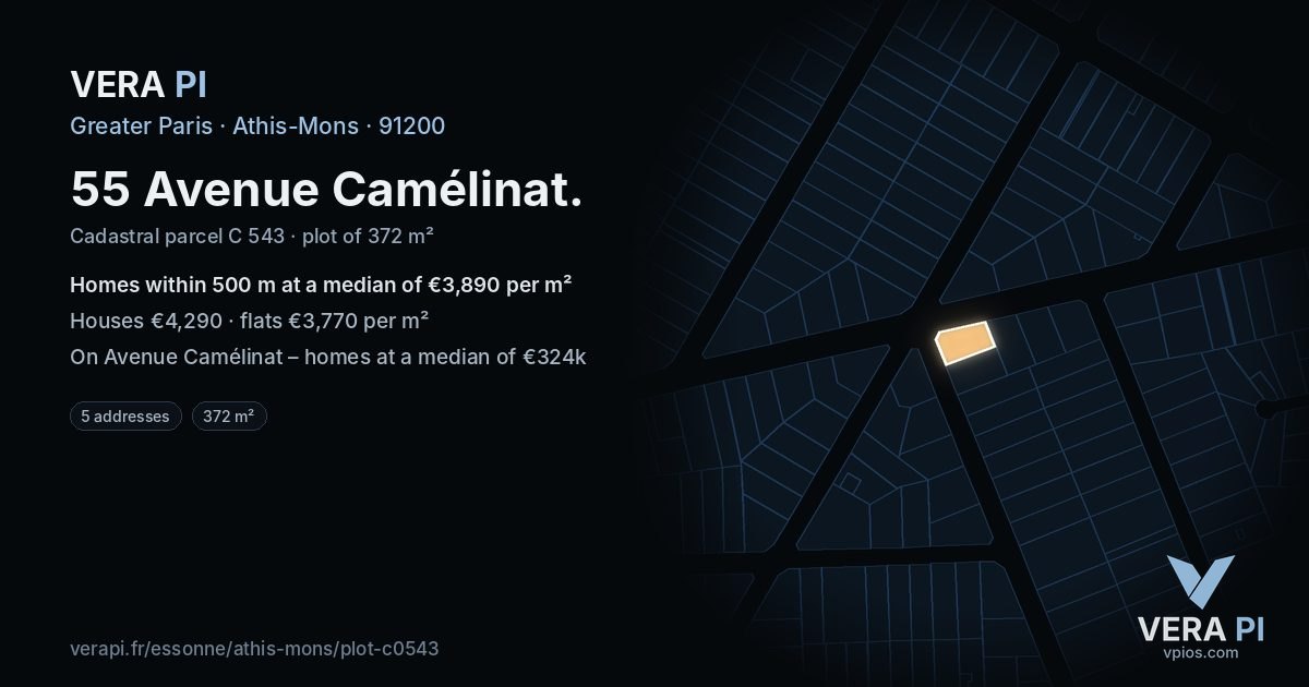 55 Avenue Camélinat, Athis-Mons at night – the plot lit, the parcels around coloured by the prices near them