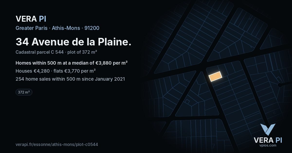 34 Avenue de la Plaine, Athis-Mons at night – the plot lit, the parcels around coloured by the prices near them