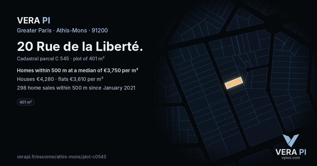 20 Rue de la Liberté, Athis-Mons at night – the plot lit, the parcels around coloured by the prices near them