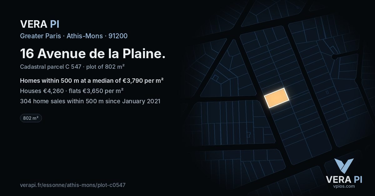16 Avenue de la Plaine, Athis-Mons at night – the plot lit, the parcels around coloured by the prices near them