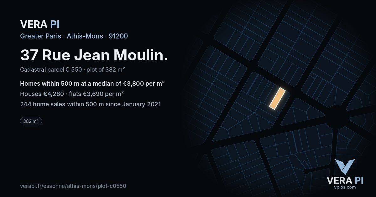 37 Rue Jean Moulin, Athis-Mons at night – the plot lit, the parcels around coloured by the prices near them