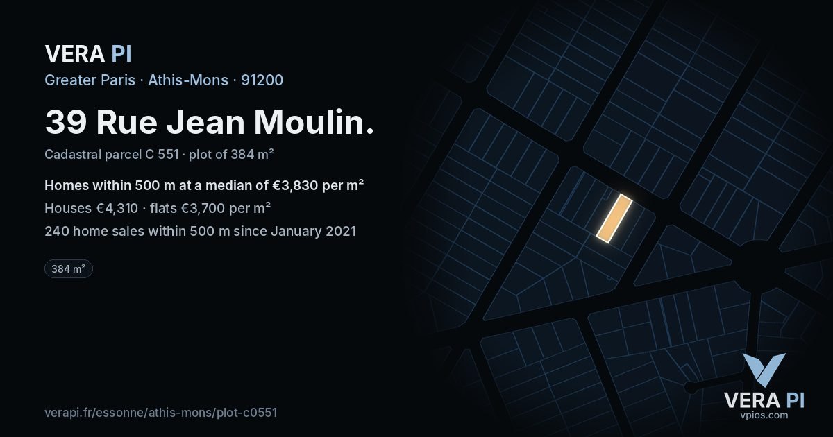 39 Rue Jean Moulin, Athis-Mons at night – the plot lit, the parcels around coloured by the prices near them