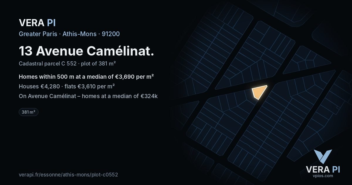 13 Avenue Camélinat, Athis-Mons at night – the plot lit, the parcels around coloured by the prices near them