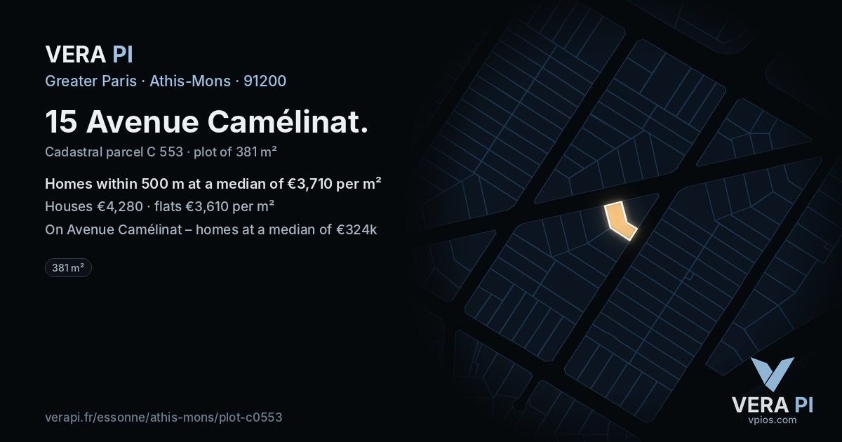 15 Avenue Camélinat, Athis-Mons at night – the plot lit, the parcels around coloured by the prices near them