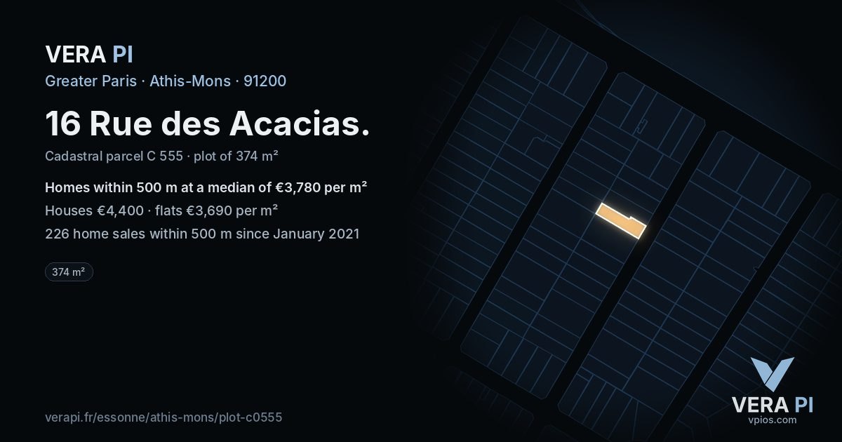 16 Rue des Acacias, Athis-Mons at night – the plot lit, the parcels around coloured by the prices near them