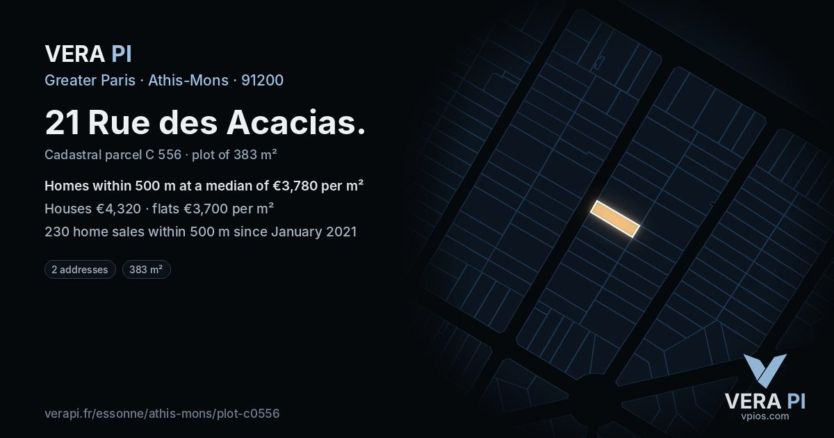 21 Rue des Acacias, Athis-Mons at night – the plot lit, the parcels around coloured by the prices near them