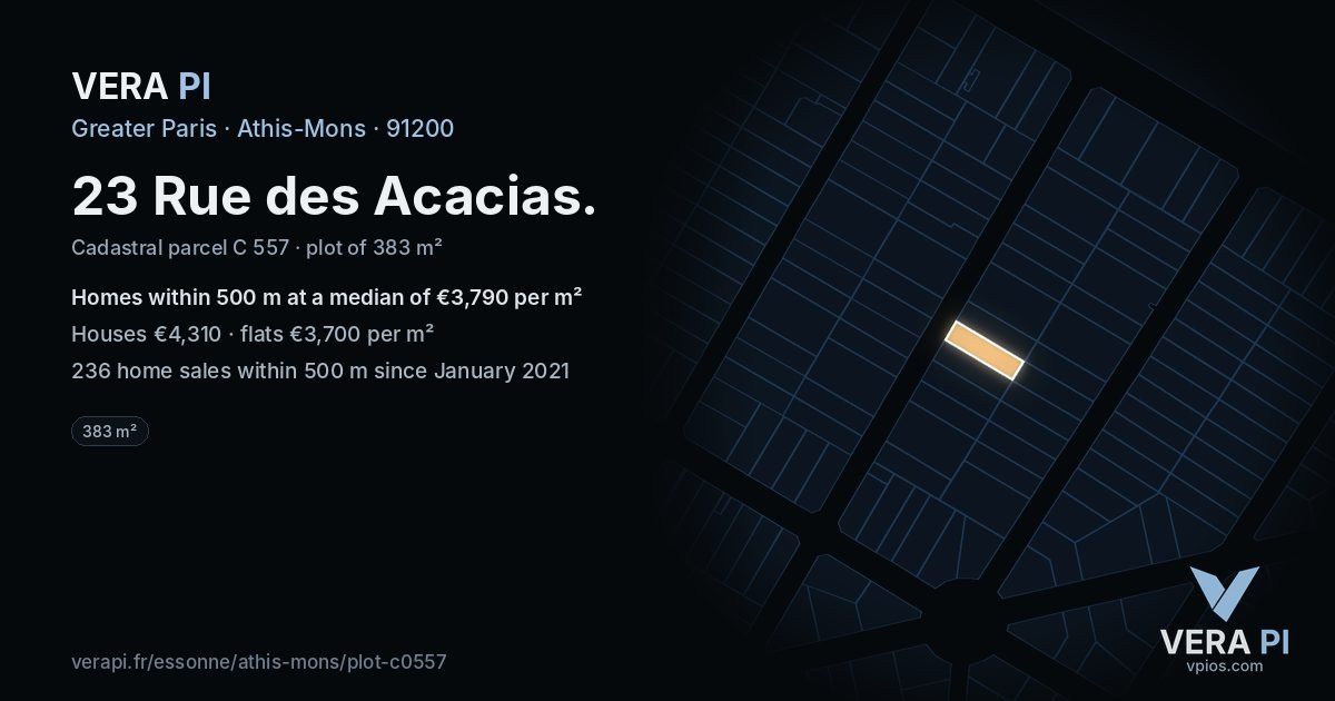 23 Rue des Acacias, Athis-Mons at night – the plot lit, the parcels around coloured by the prices near them