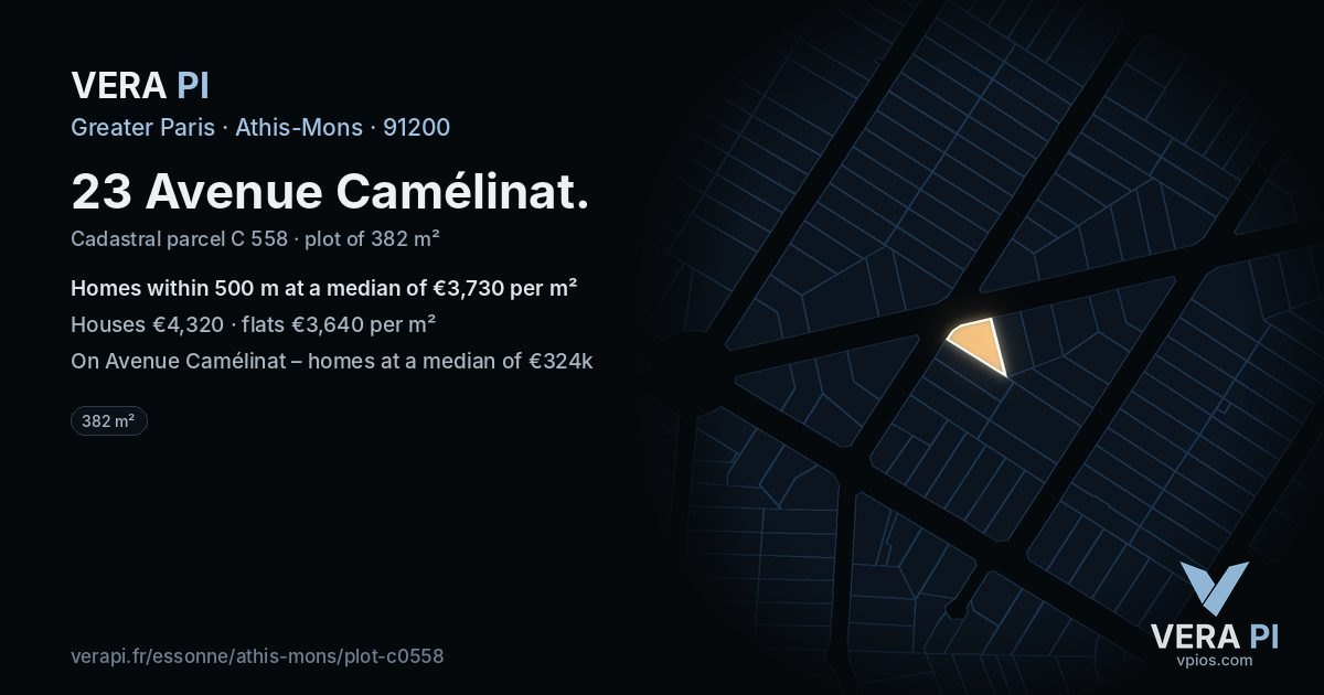 23 Avenue Camélinat, Athis-Mons at night – the plot lit, the parcels around coloured by the prices near them