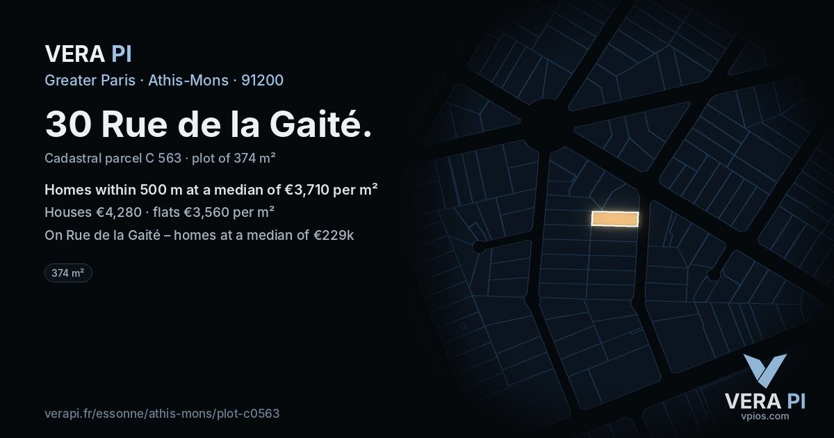 30 Rue de la Gaité, Athis-Mons at night – the plot lit, the parcels around coloured by the prices near them