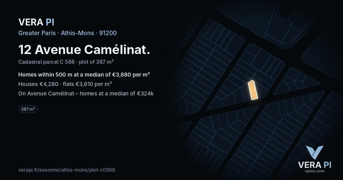 12 Avenue Camélinat, Athis-Mons at night – the plot lit, the parcels around coloured by the prices near them