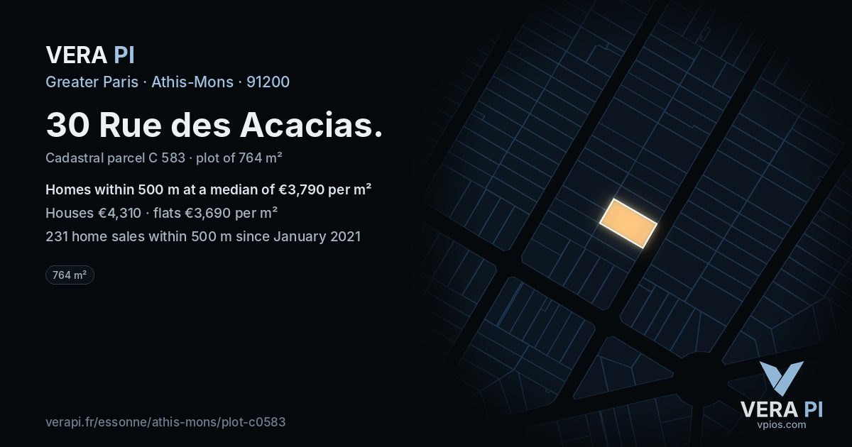 30 Rue des Acacias, Athis-Mons at night – the plot lit, the parcels around coloured by the prices near them
