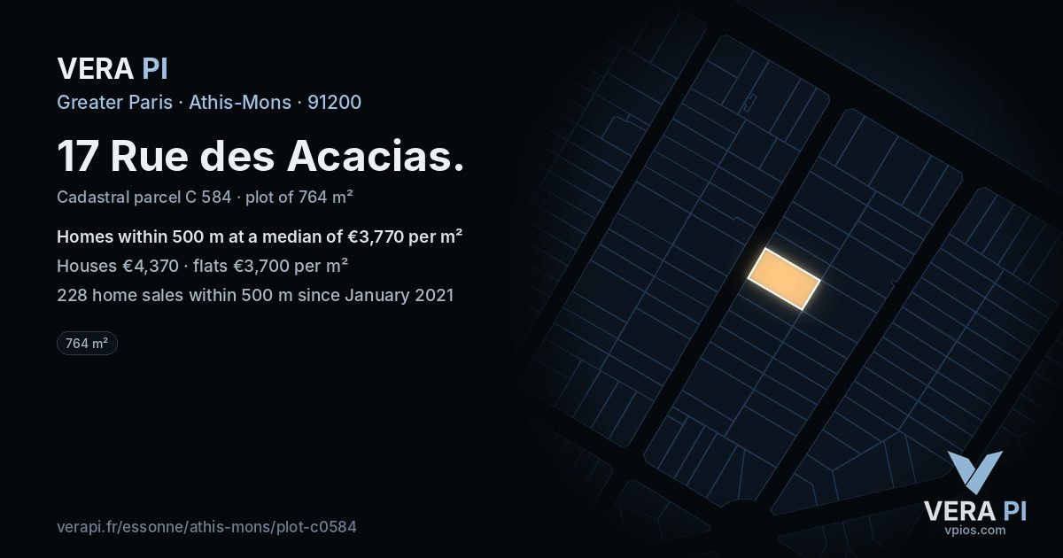 17 Rue des Acacias, Athis-Mons at night – the plot lit, the parcels around coloured by the prices near them