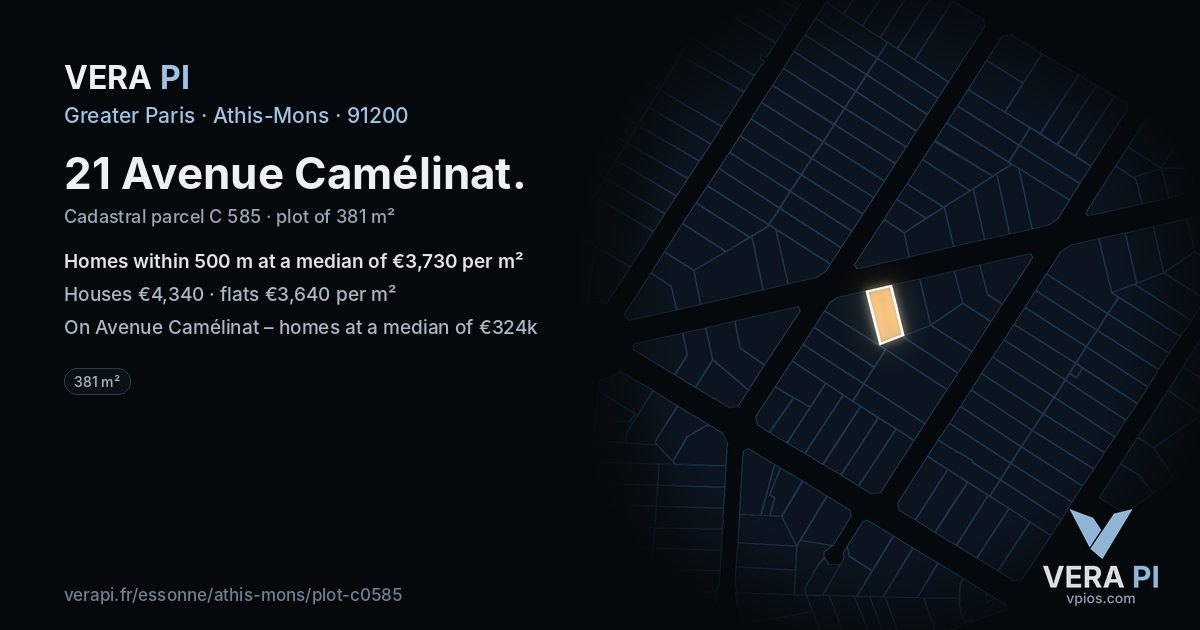21 Avenue Camélinat, Athis-Mons at night – the plot lit, the parcels around coloured by the prices near them