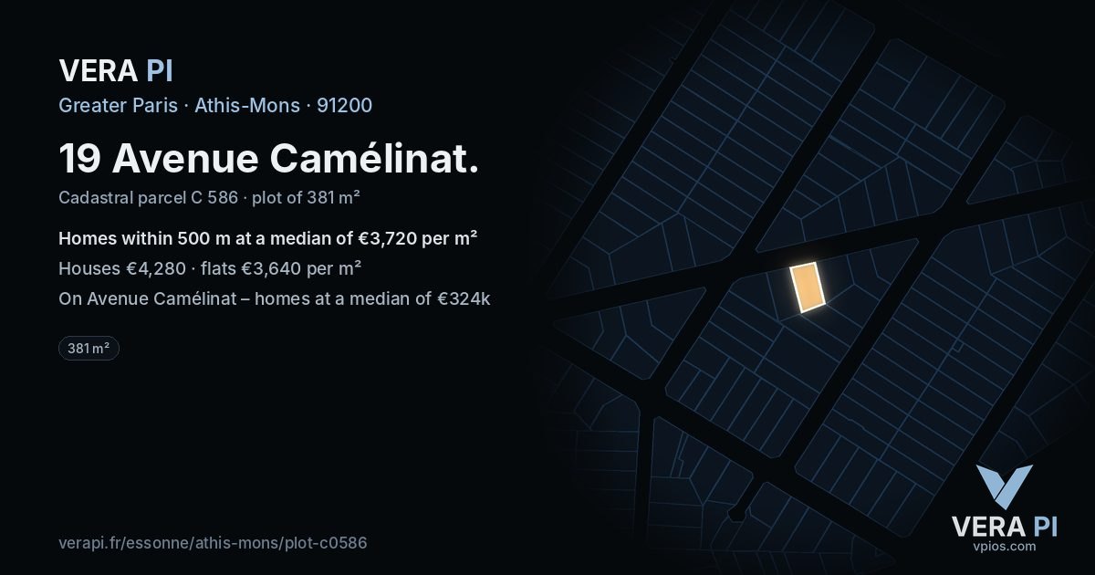 19 Avenue Camélinat, Athis-Mons at night – the plot lit, the parcels around coloured by the prices near them