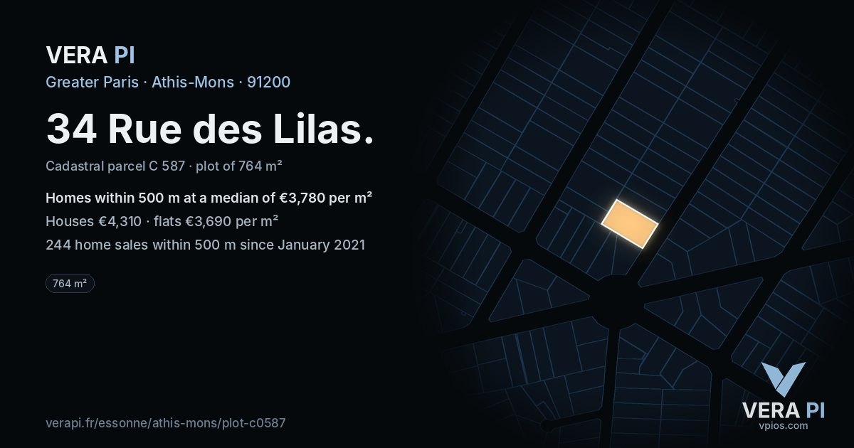 34 Rue des Lilas, Athis-Mons at night – the plot lit, the parcels around coloured by the prices near them
