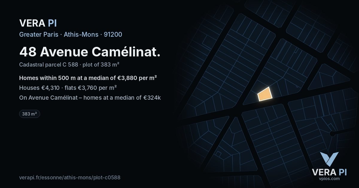 48 Avenue Camélinat, Athis-Mons at night – the plot lit, the parcels around coloured by the prices near them