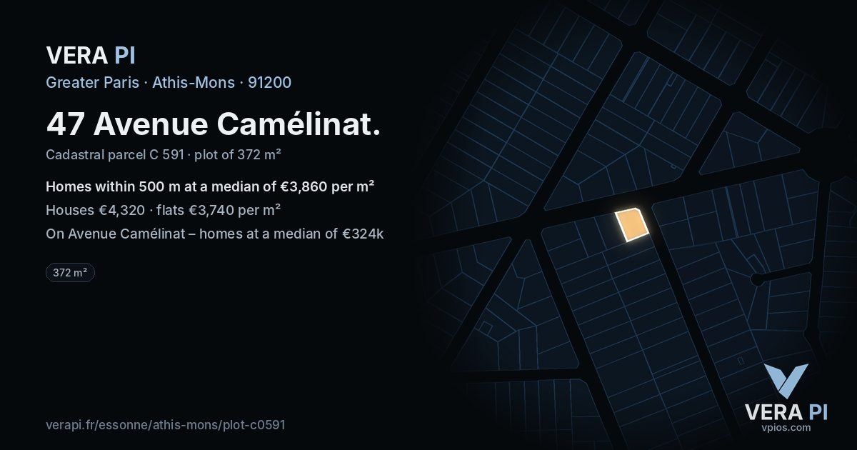 47 Avenue Camélinat, Athis-Mons at night – the plot lit, the parcels around coloured by the prices near them