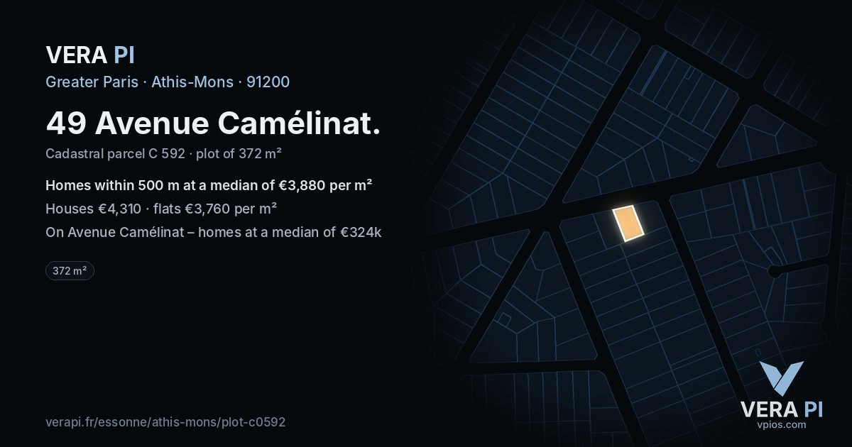 49 Avenue Camélinat, Athis-Mons at night – the plot lit, the parcels around coloured by the prices near them