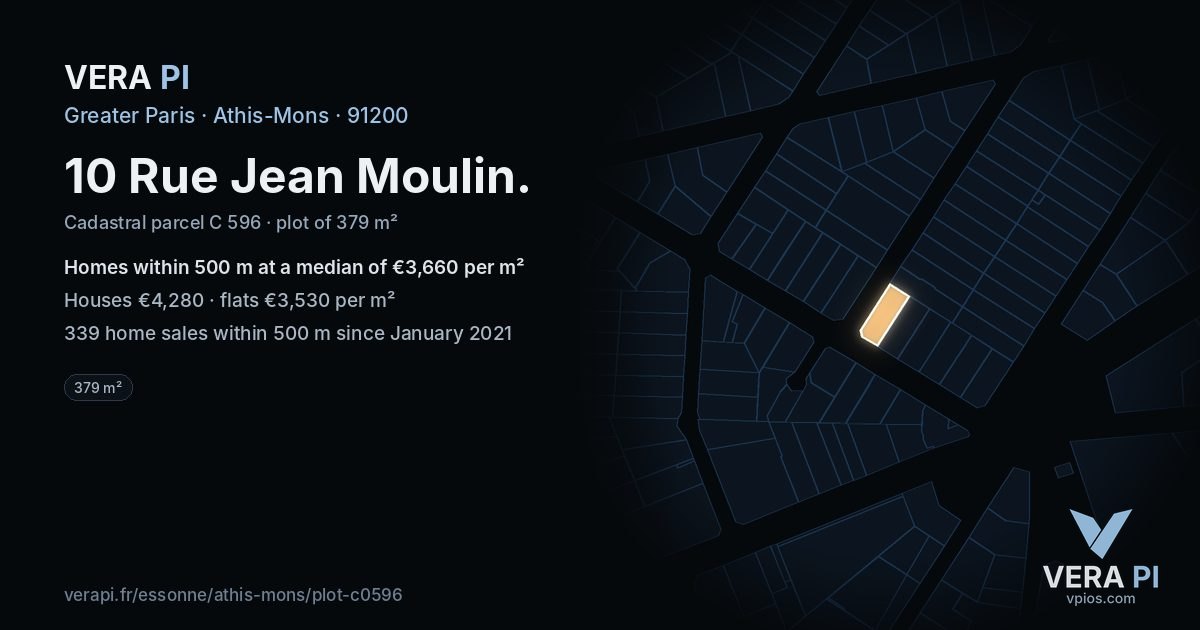 10 Rue Jean Moulin, Athis-Mons at night – the plot lit, the parcels around coloured by the prices near them
