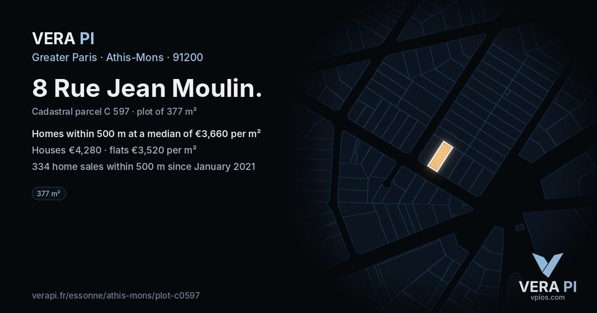8 Rue Jean Moulin, Athis-Mons at night – the plot lit, the parcels around coloured by the prices near them