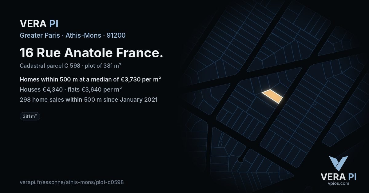 16 Rue Anatole France, Athis-Mons at night – the plot lit, the parcels around coloured by the prices near them
