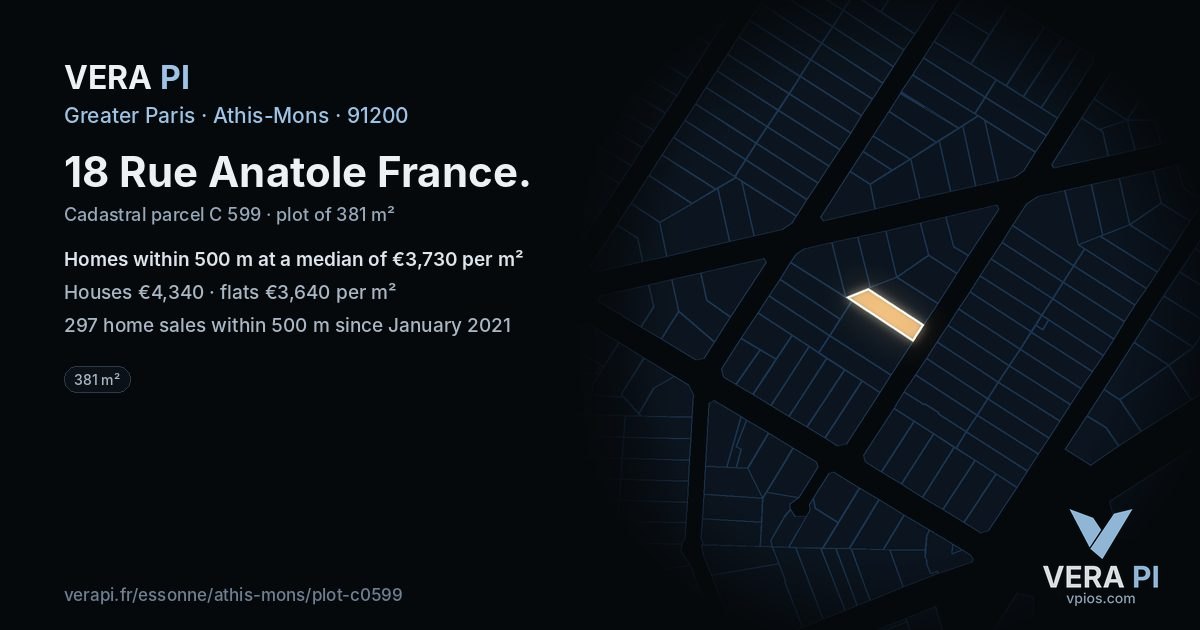 18 Rue Anatole France, Athis-Mons at night – the plot lit, the parcels around coloured by the prices near them