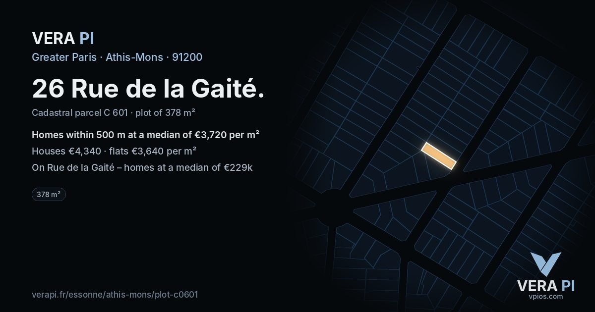 26 Rue de la Gaité, Athis-Mons at night – the plot lit, the parcels around coloured by the prices near them