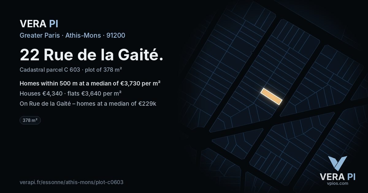 22 Rue de la Gaité, Athis-Mons at night – the plot lit, the parcels around coloured by the prices near them
