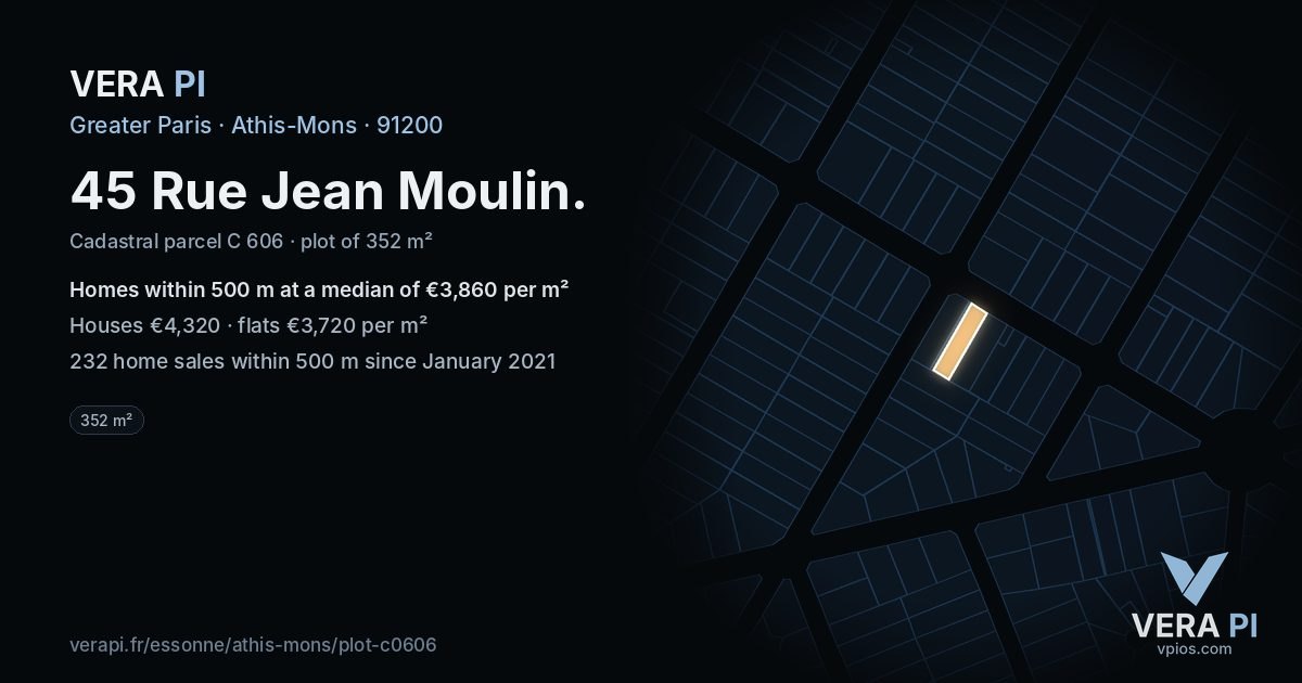45 Rue Jean Moulin, Athis-Mons at night – the plot lit, the parcels around coloured by the prices near them