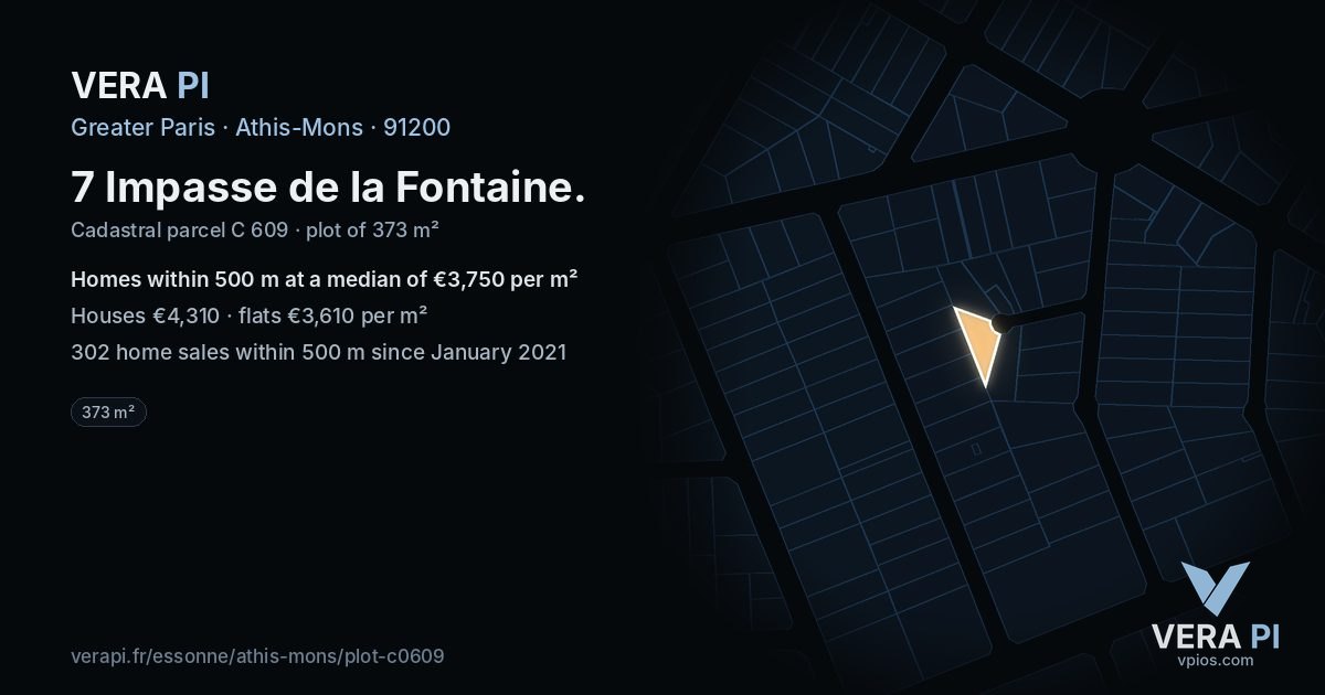 7 Impasse de la Fontaine, Athis-Mons at night – the plot lit, the parcels around coloured by the prices near them
