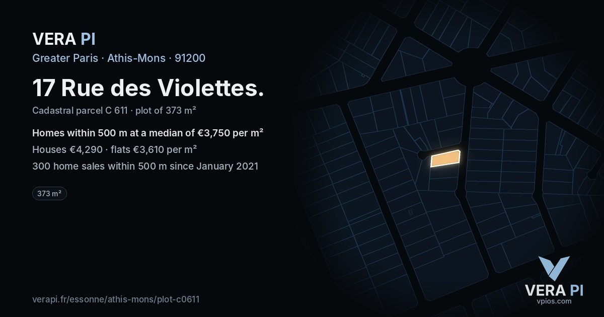 17 Rue des Violettes, Athis-Mons at night – the plot lit, the parcels around coloured by the prices near them