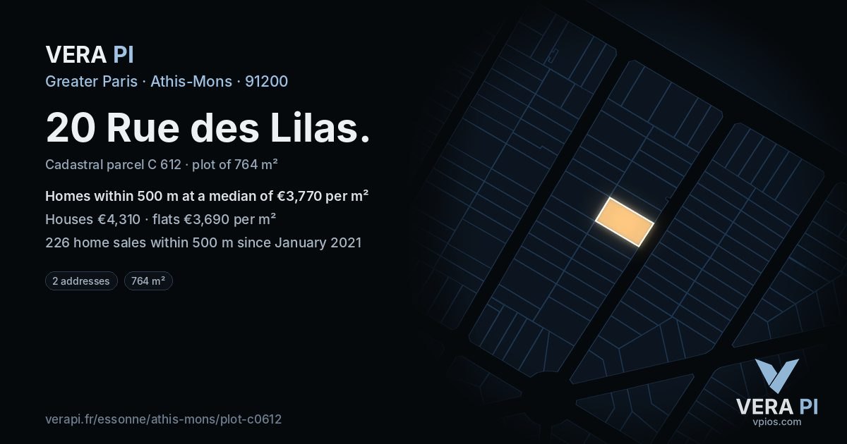 20 Rue des Lilas, Athis-Mons at night – the plot lit, the parcels around coloured by the prices near them