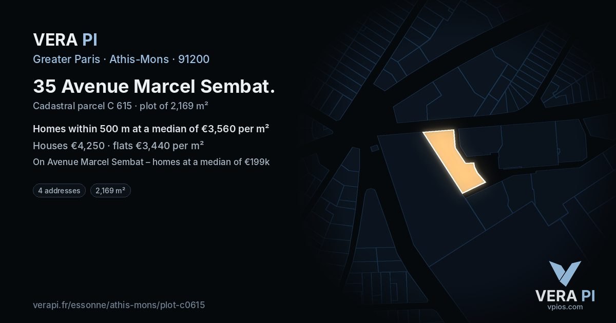 35 Avenue Marcel Sembat, Athis-Mons at night – the plot lit, the parcels around coloured by the prices near them