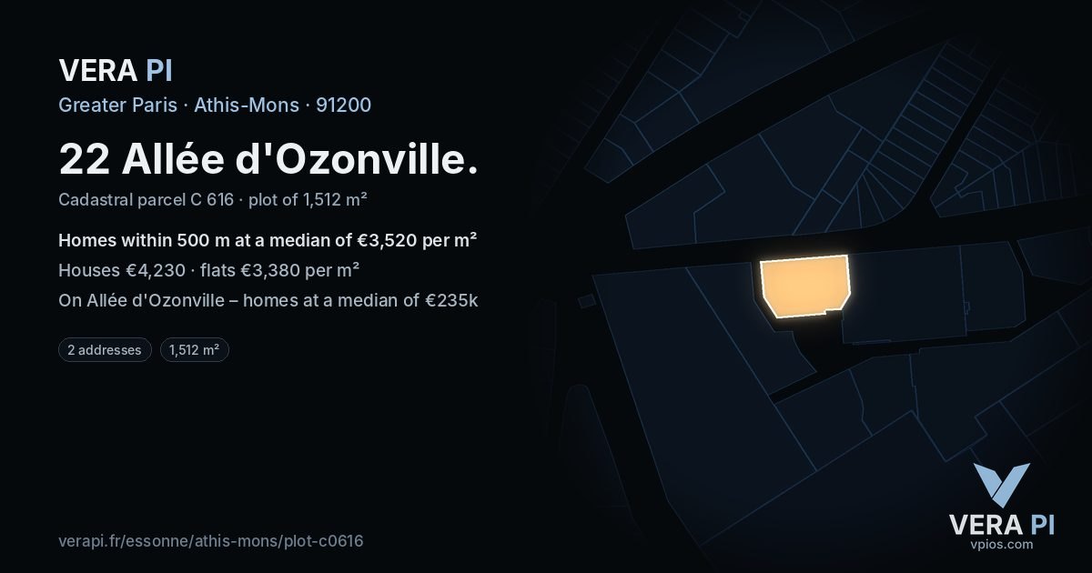 22 Allée d'Ozonville, Athis-Mons at night – the plot lit, the parcels around coloured by the prices near them