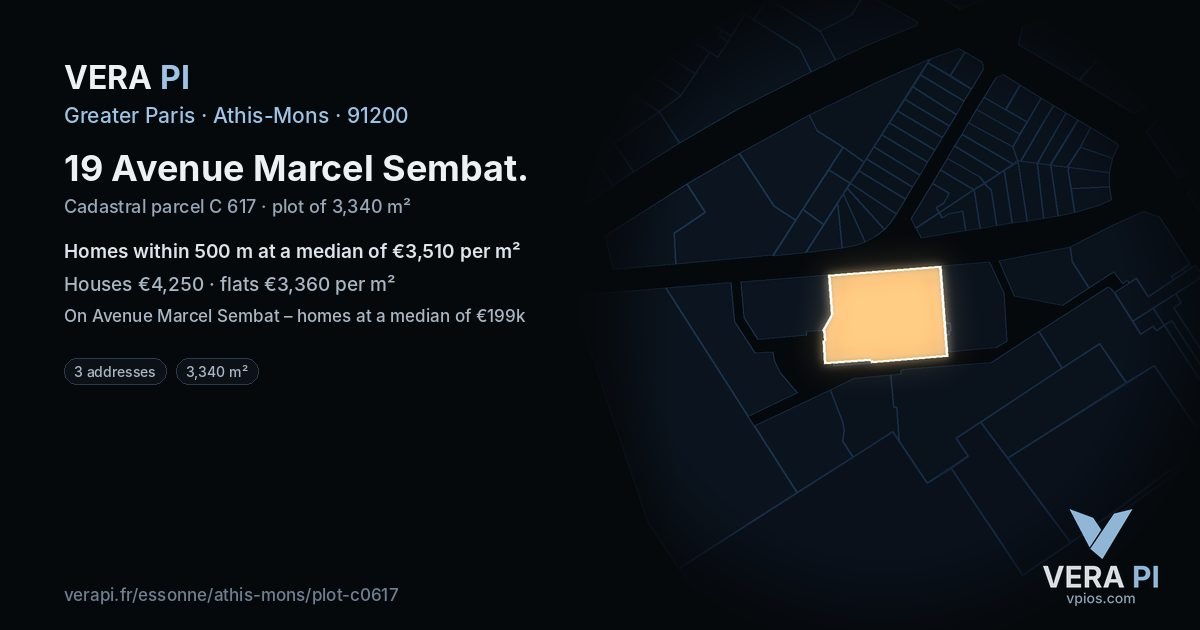 19 Avenue Marcel Sembat, Athis-Mons at night – the plot lit, the parcels around coloured by the prices near them