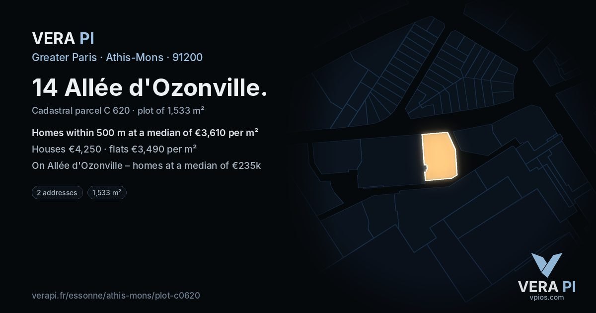 14 Allée d'Ozonville, Athis-Mons at night – the plot lit, the parcels around coloured by the prices near them