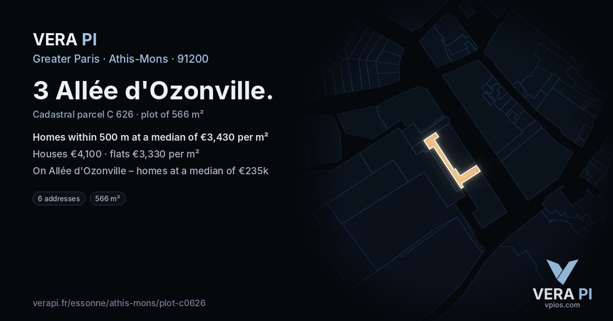 3 Allée d'Ozonville, Athis-Mons at night – the plot lit, the parcels around coloured by the prices near them