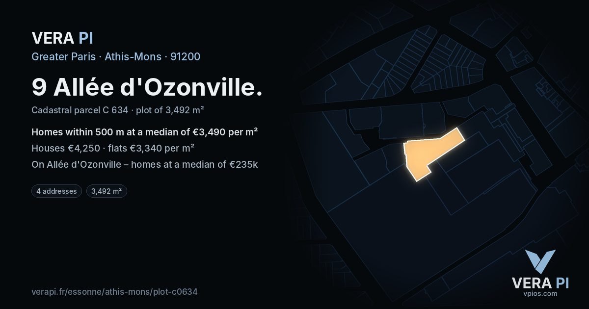9 Allée d'Ozonville, Athis-Mons at night – the plot lit, the parcels around coloured by the prices near them