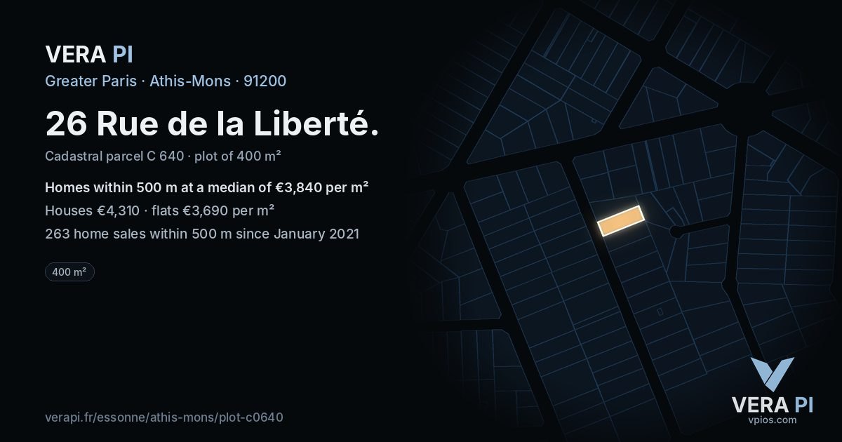26 Rue de la Liberté, Athis-Mons at night – the plot lit, the parcels around coloured by the prices near them