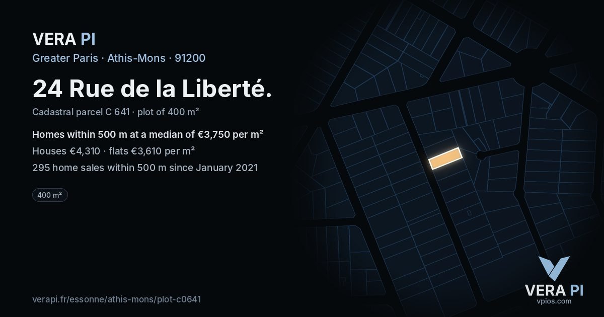 24 Rue de la Liberté, Athis-Mons at night – the plot lit, the parcels around coloured by the prices near them