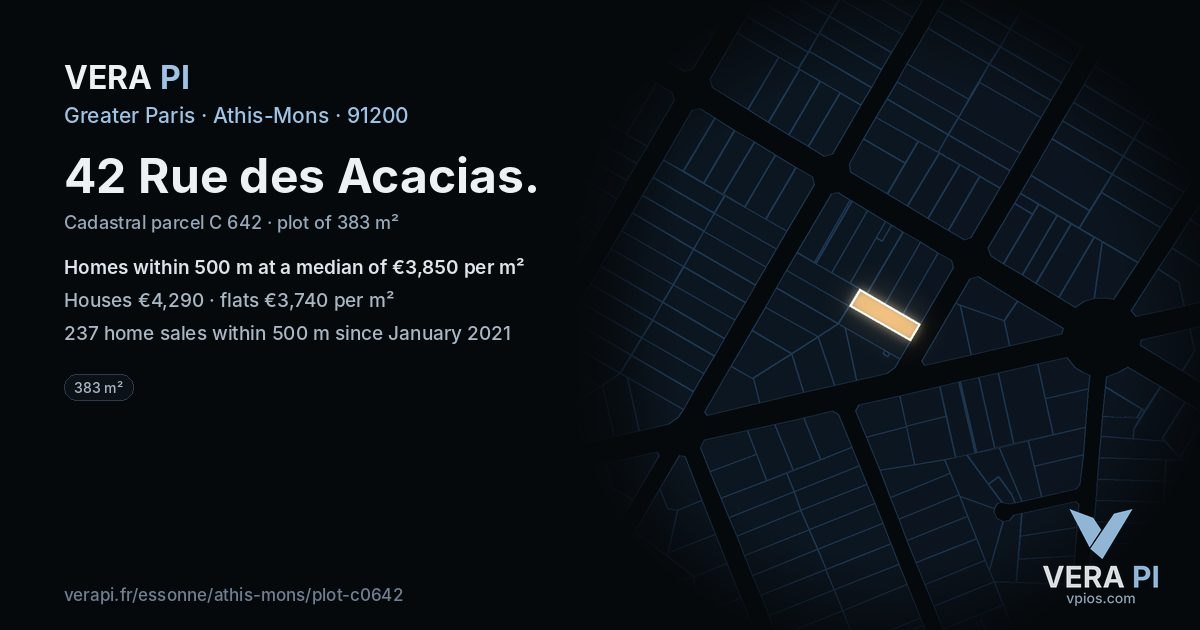 42 Rue des Acacias, Athis-Mons at night – the plot lit, the parcels around coloured by the prices near them