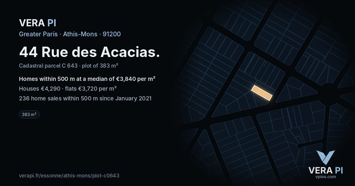 44 Rue des Acacias, Athis-Mons at night – the plot lit, the parcels around coloured by the prices near them