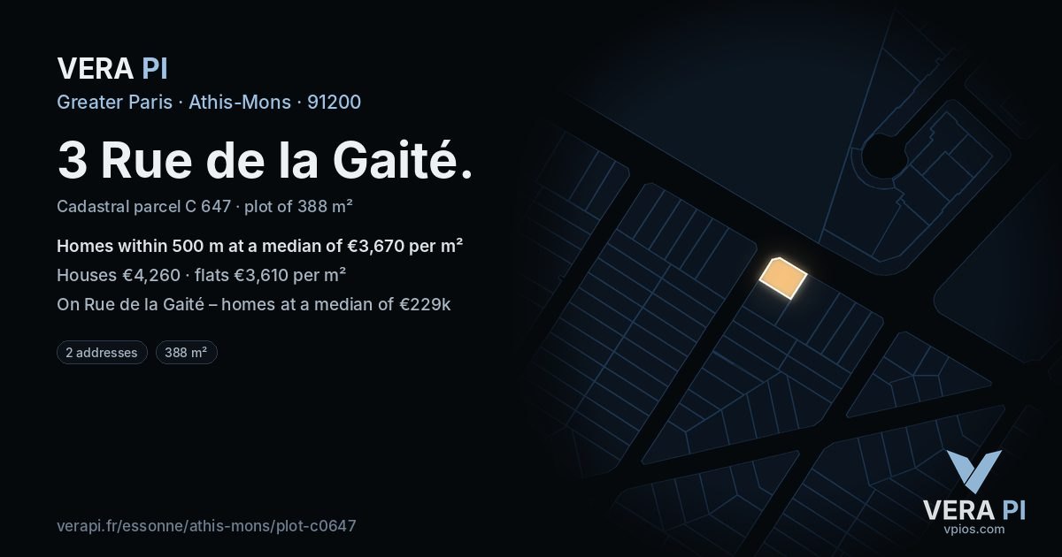 3 Rue de la Gaité, Athis-Mons at night – the plot lit, the parcels around coloured by the prices near them