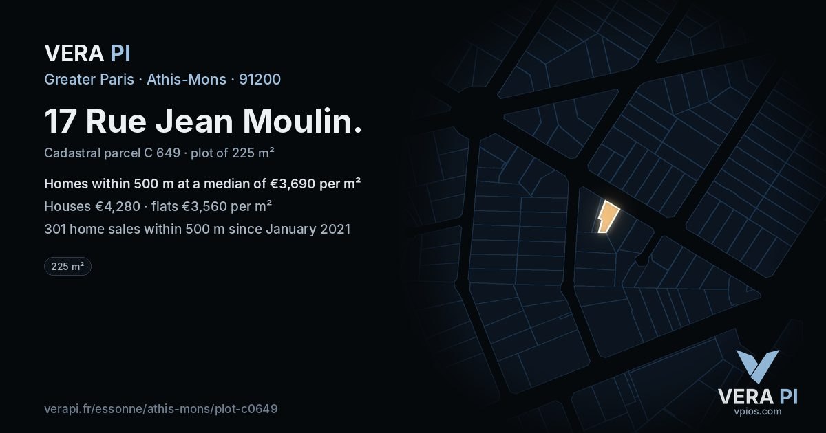 17 Rue Jean Moulin, Athis-Mons at night – the plot lit, the parcels around coloured by the prices near them