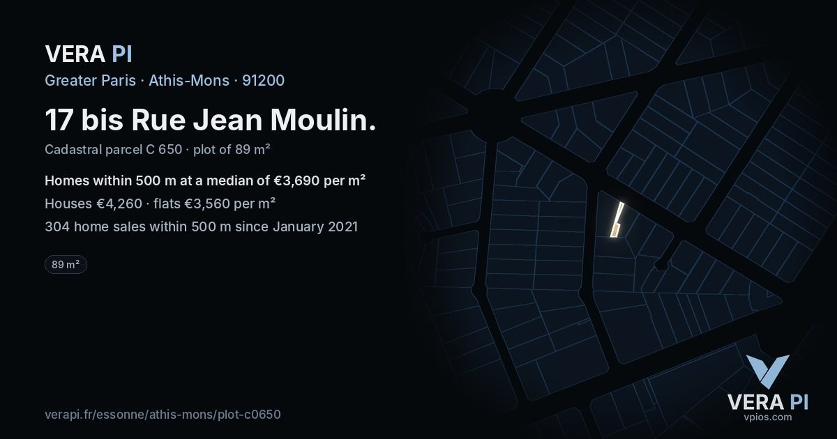 17 bis Rue Jean Moulin, Athis-Mons at night – the plot lit, the parcels around coloured by the prices near them