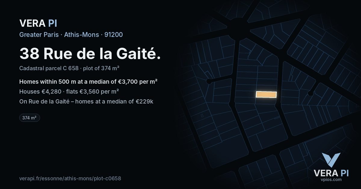 38 Rue de la Gaité, Athis-Mons at night – the plot lit, the parcels around coloured by the prices near them