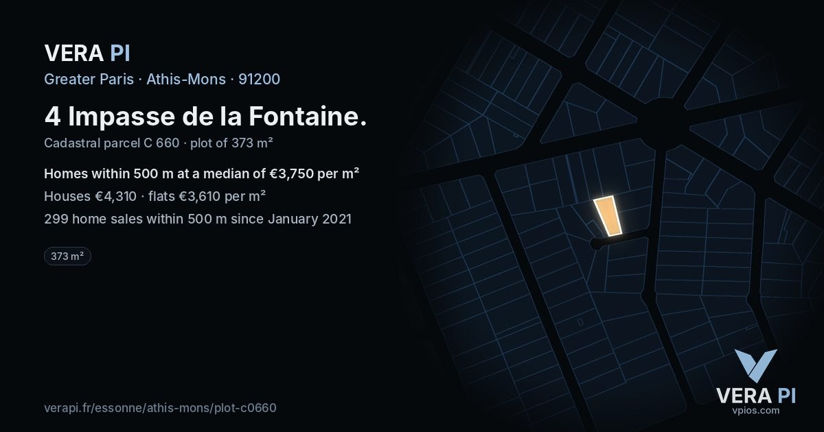 4 Impasse de la Fontaine, Athis-Mons at night – the plot lit, the parcels around coloured by the prices near them