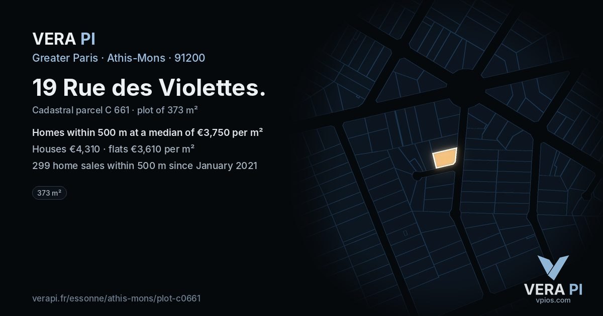 19 Rue des Violettes, Athis-Mons at night – the plot lit, the parcels around coloured by the prices near them